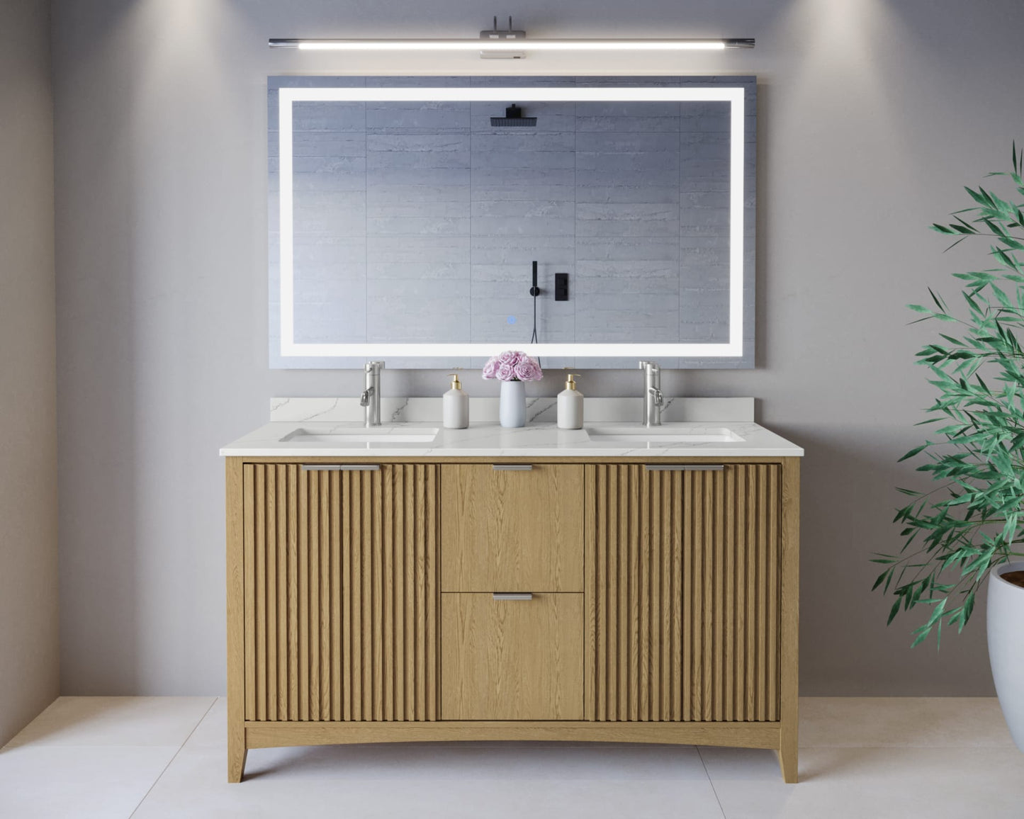Palmilla Bathroom Vanity with Countertop 60 inch Double Sink Single hole Faucet Setup