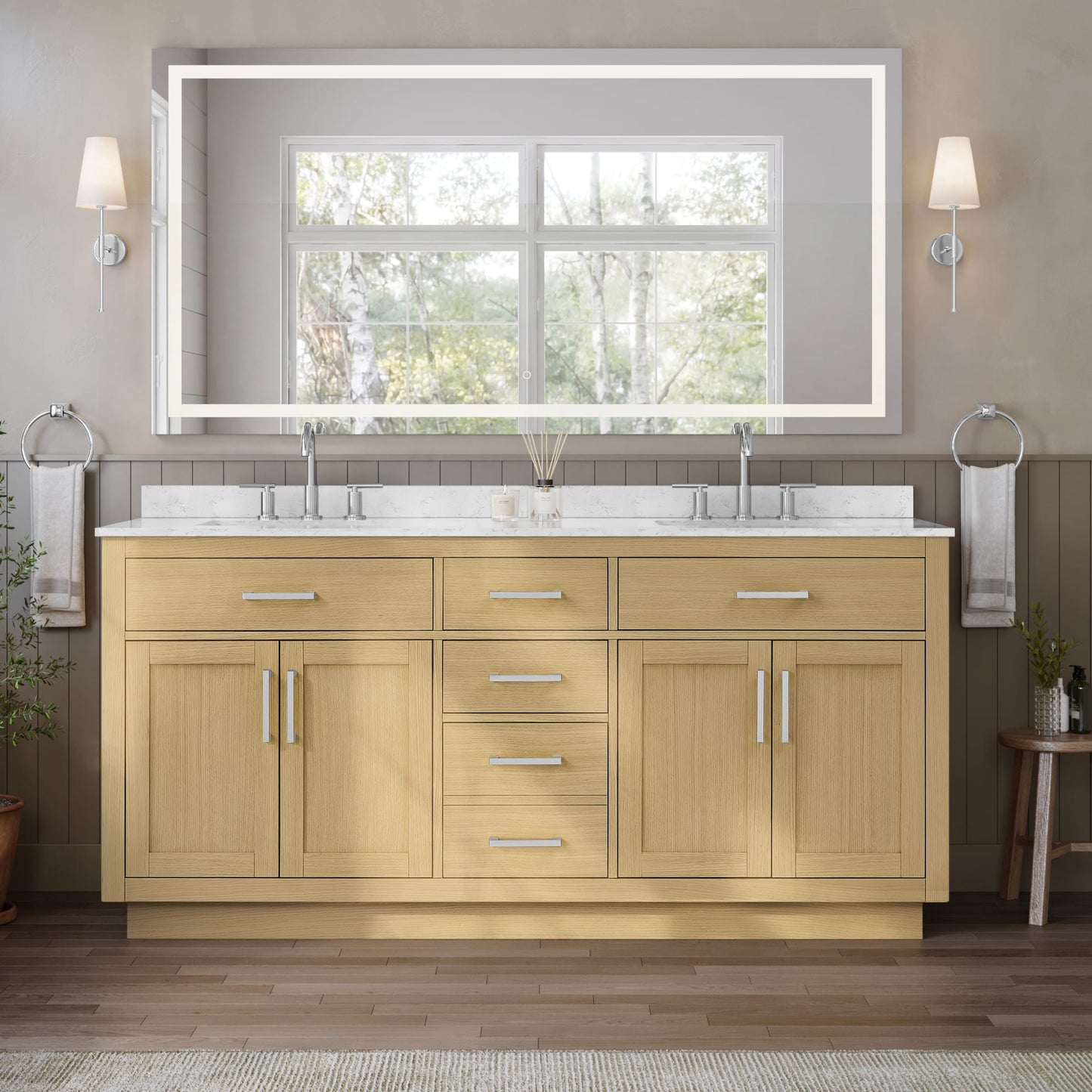 Beckett TK Bathroom Vanity with Countertop 72 inch Double Sink 3-hole Faucet Setup