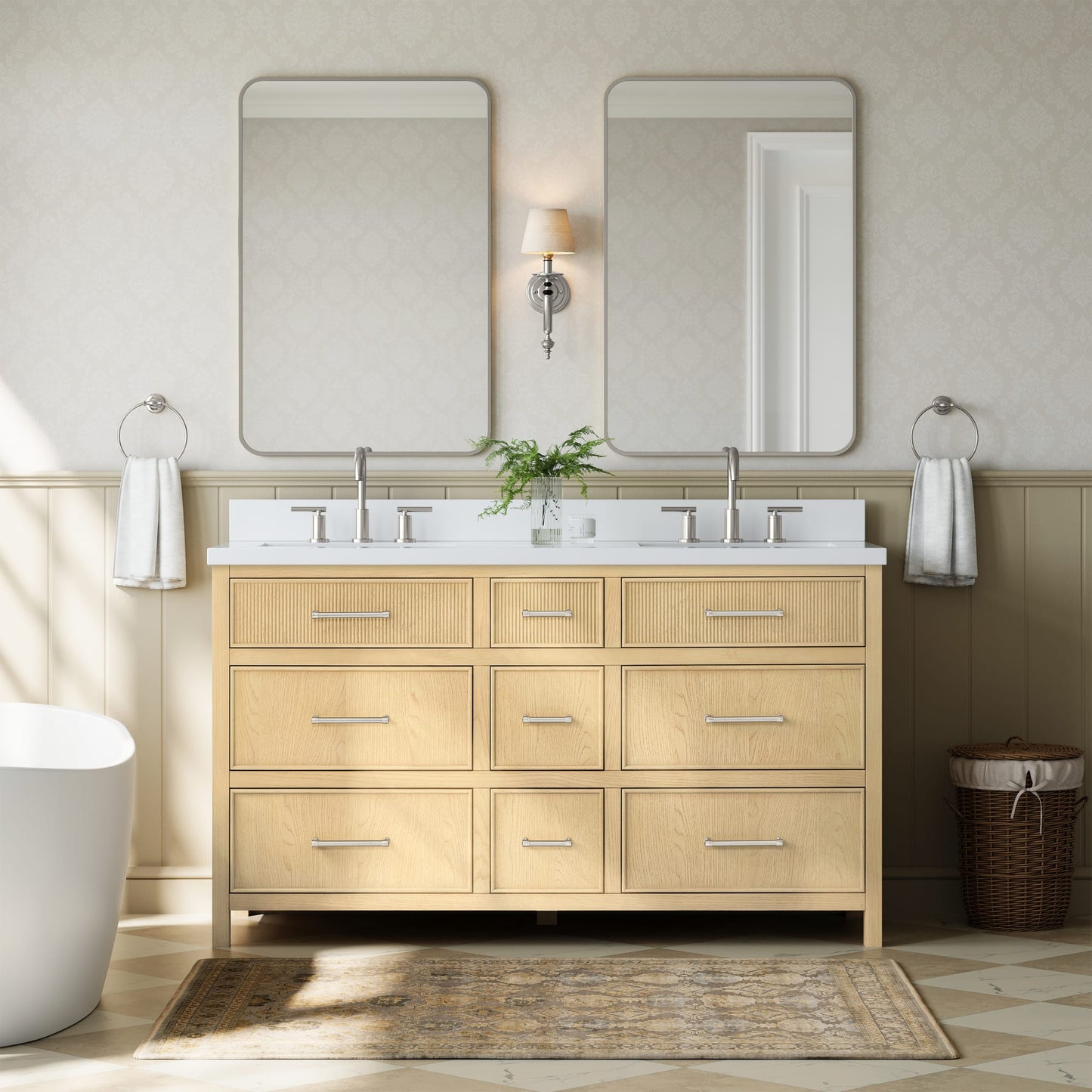 Isola Bathroom Vanity with Countertop 60 inch Double Sink 3-hole Faucet Setup