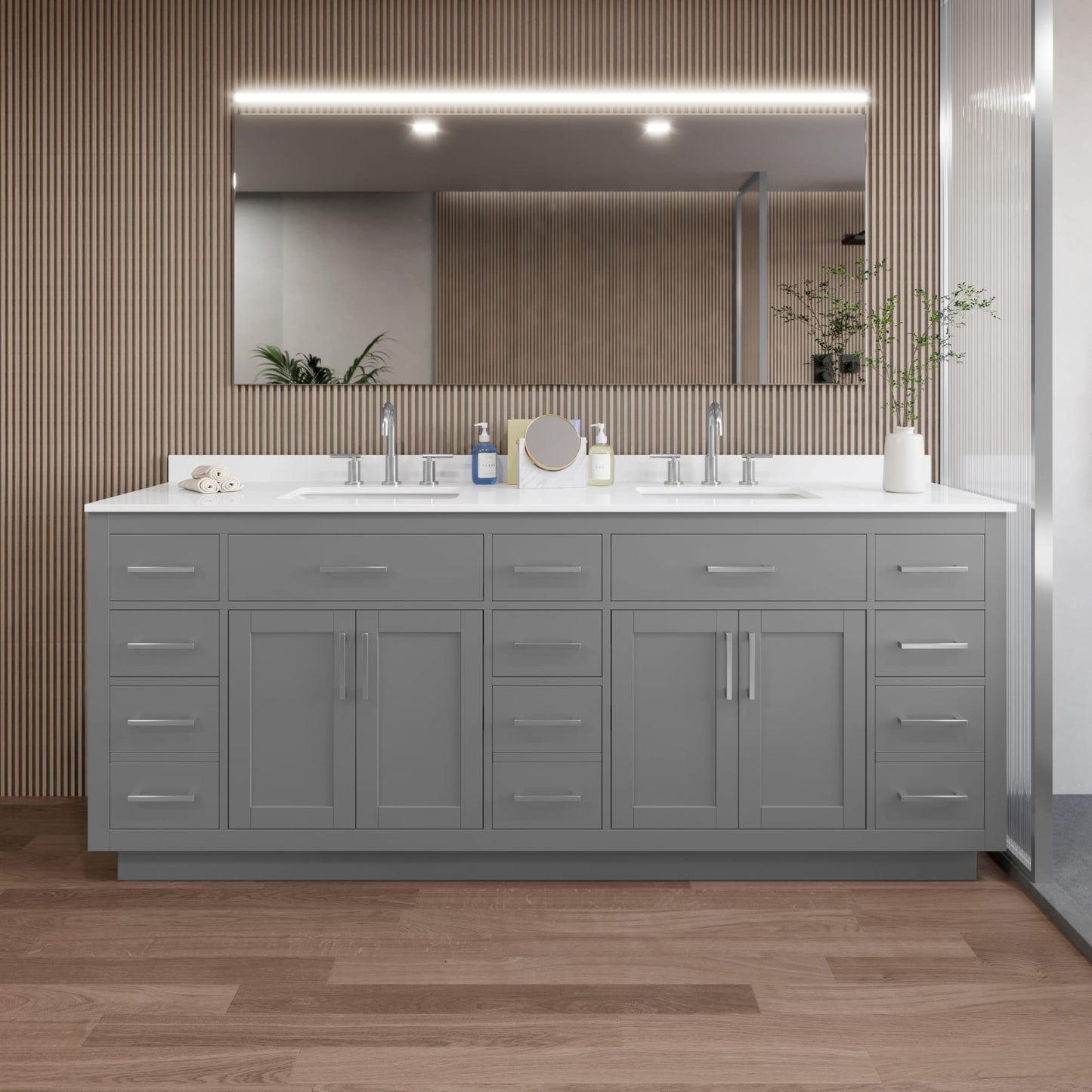 Beckett TK Bathroom Vanity with Countertop 84 inch Double Sink 3-hole Faucet Setup