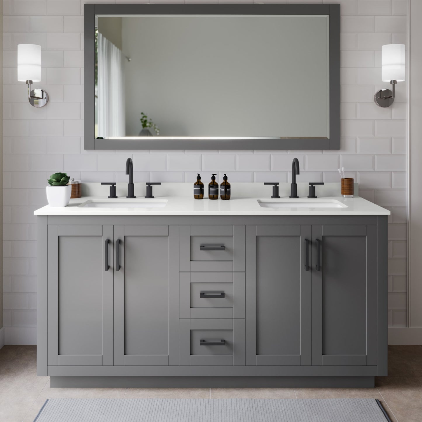 Miranda Bathroom Vanity with Countertop 66 inch Double Sink 3-hole Faucet Setup