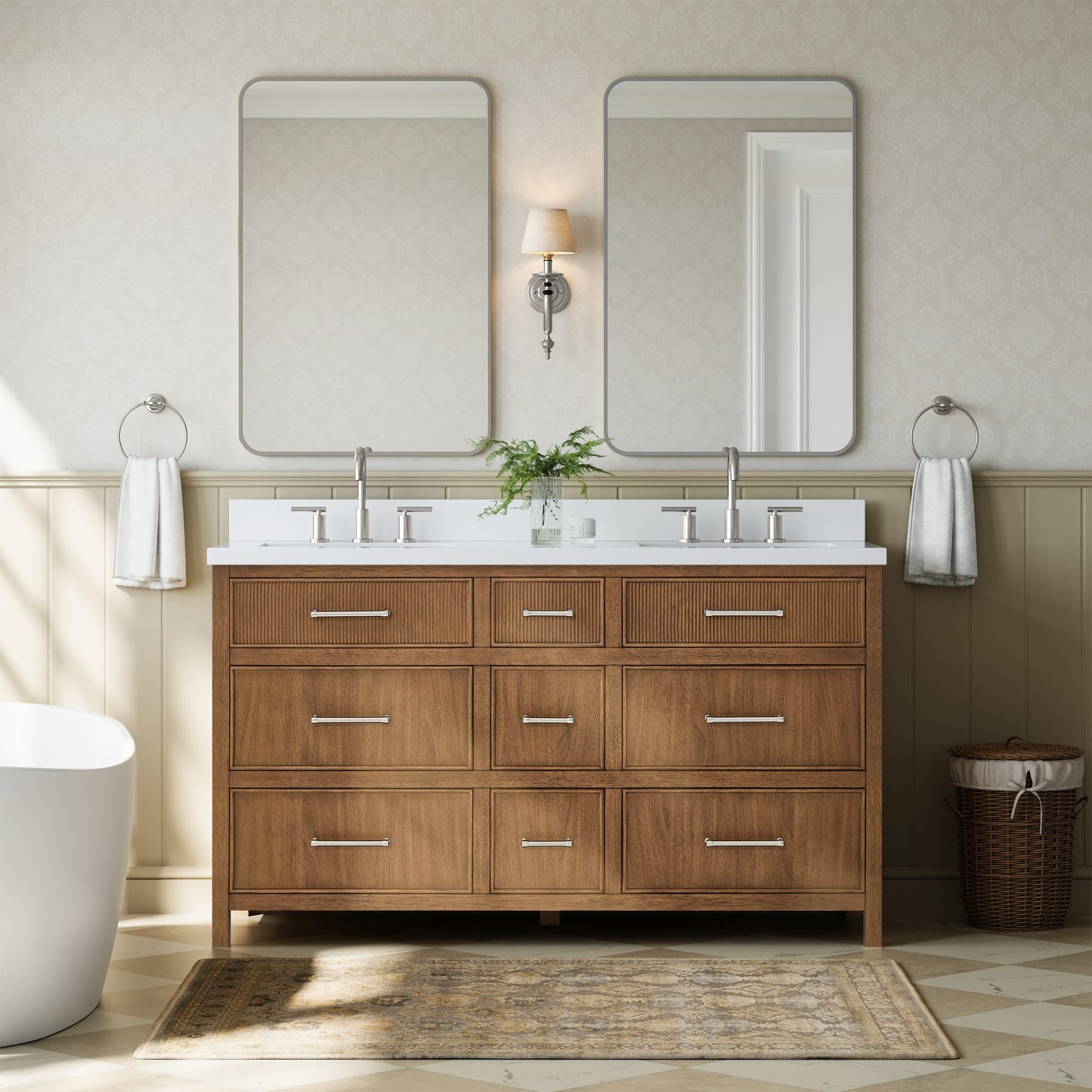Isola Bathroom Vanity with Countertop 60 inch Double Sink 3-hole Faucet Setup