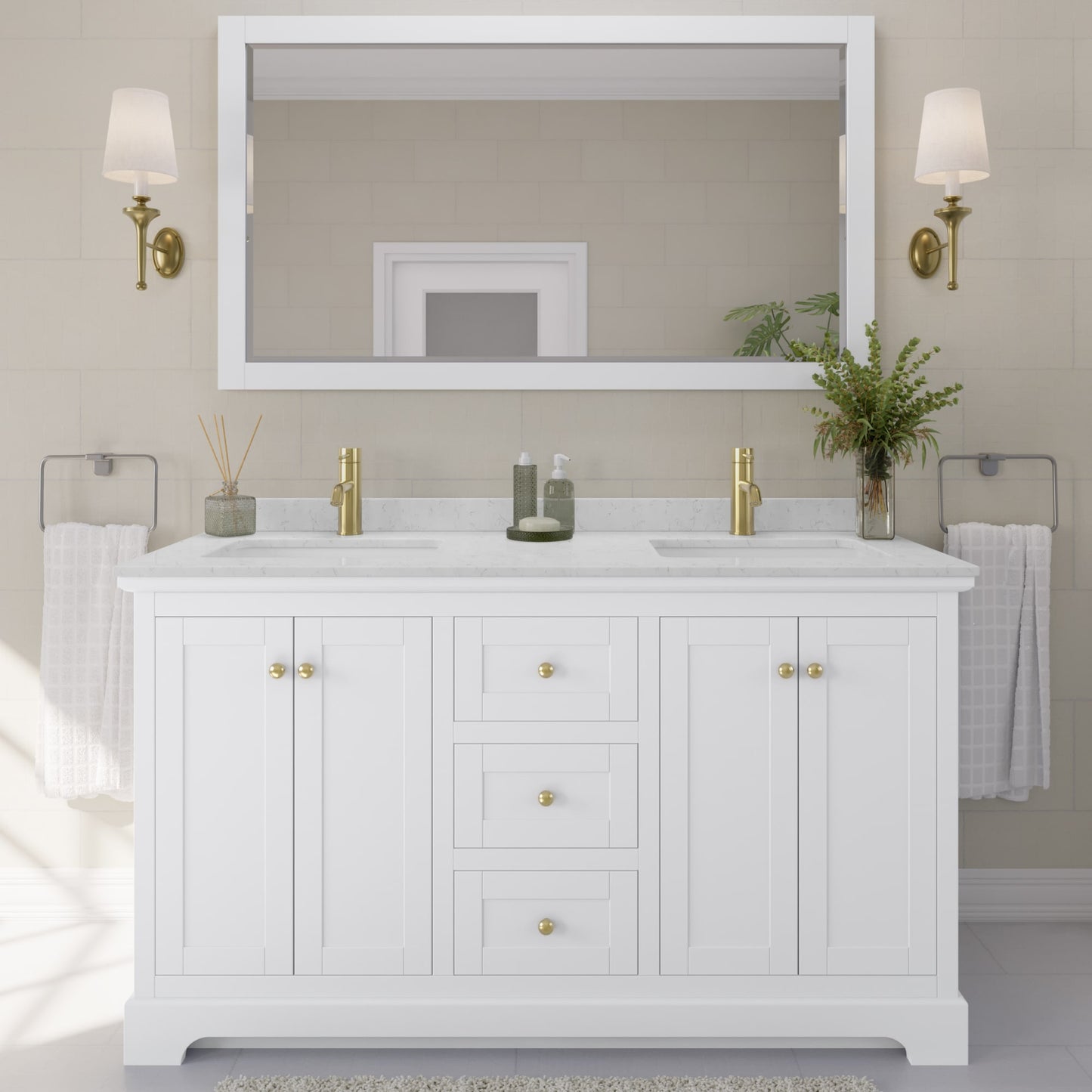 Avery Bathroom Vanity with Countertop 60 inch Double Sink Single hole Faucet Setup