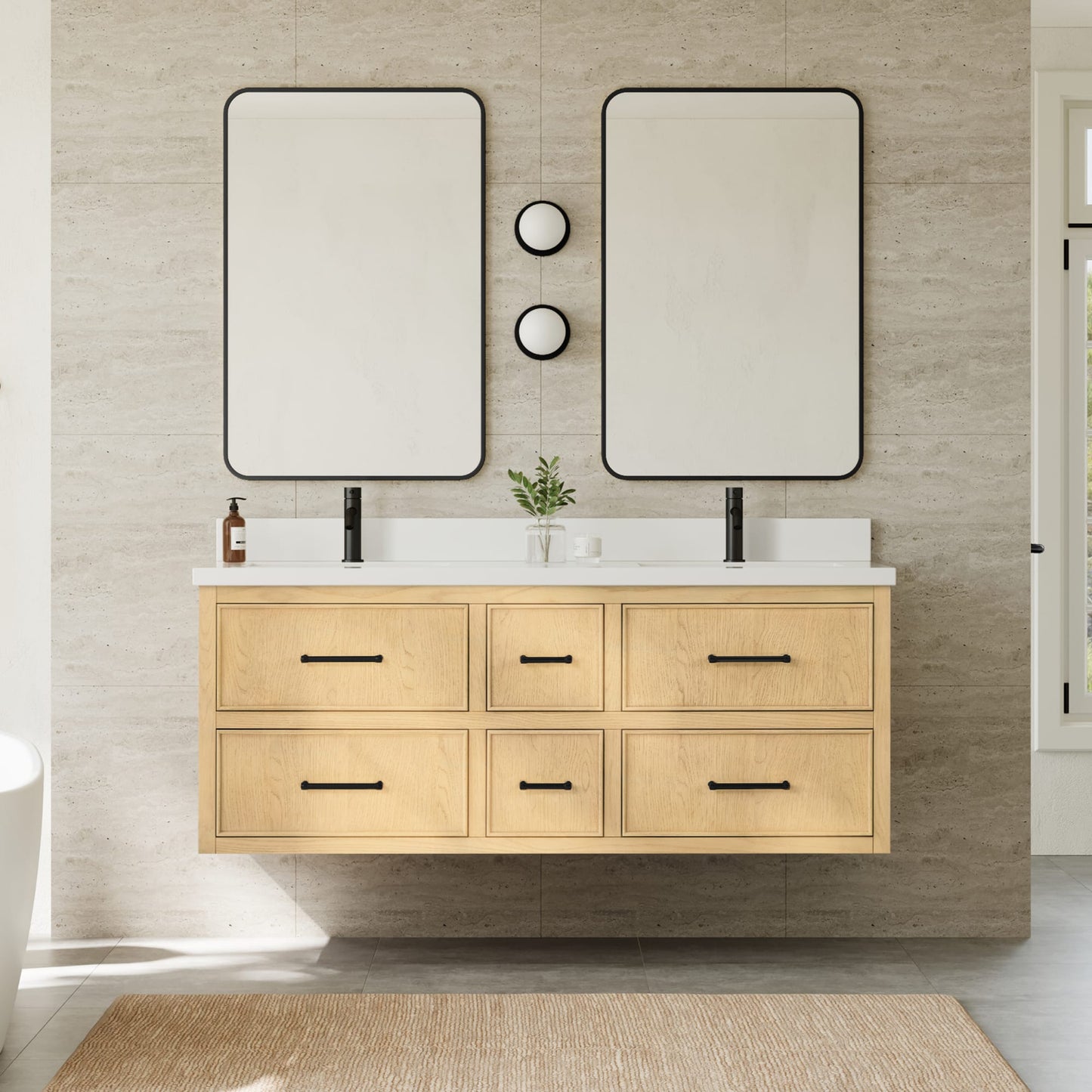 Isola WM Wall Mounted Bathroom Vanity with Countertop 60 inch Double Sink Single hole Faucet Setup