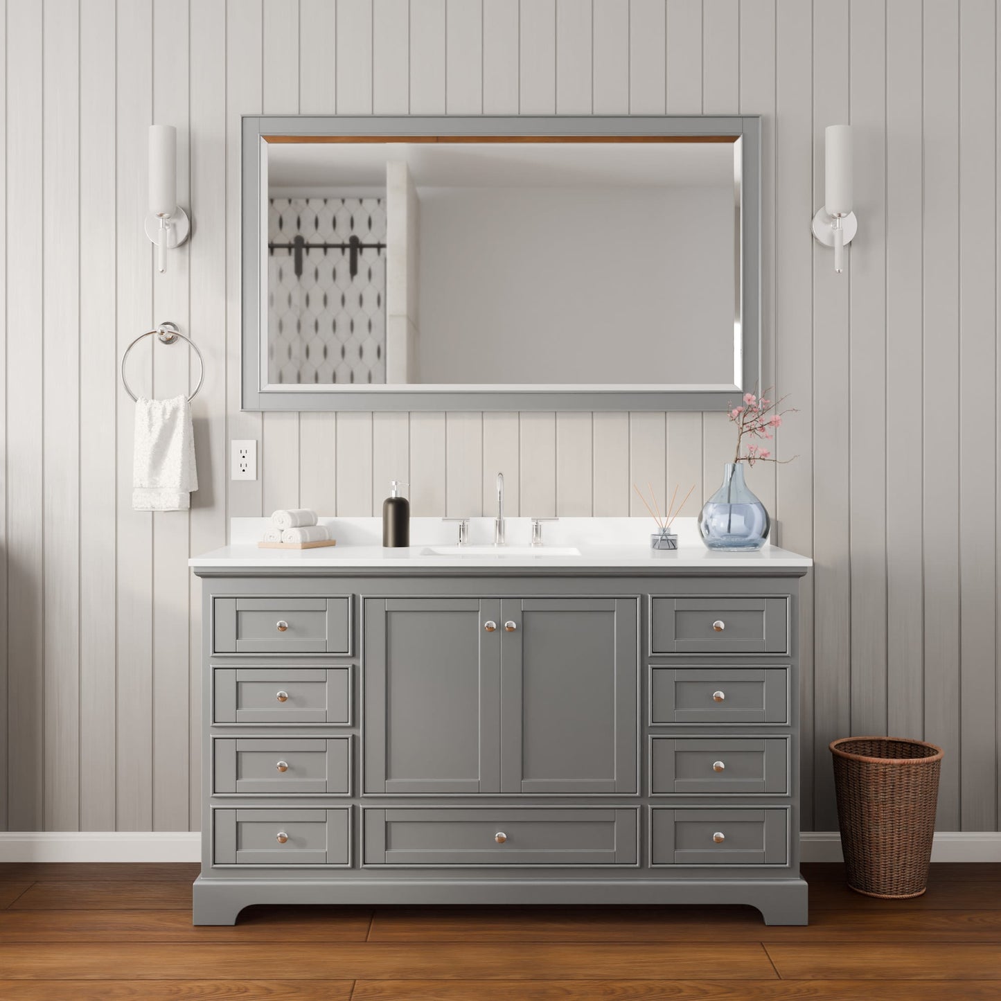 Deborah Bathroom Vanity with Countertop 60 inch Single Sink 3-hole Faucet Setup