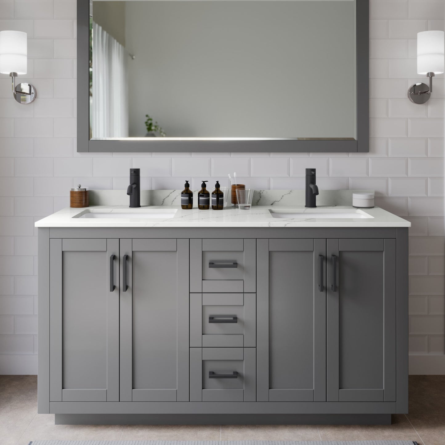 Miranda Bathroom Vanity with Countertop 60 inch Double Sink Single hole Faucet Setup