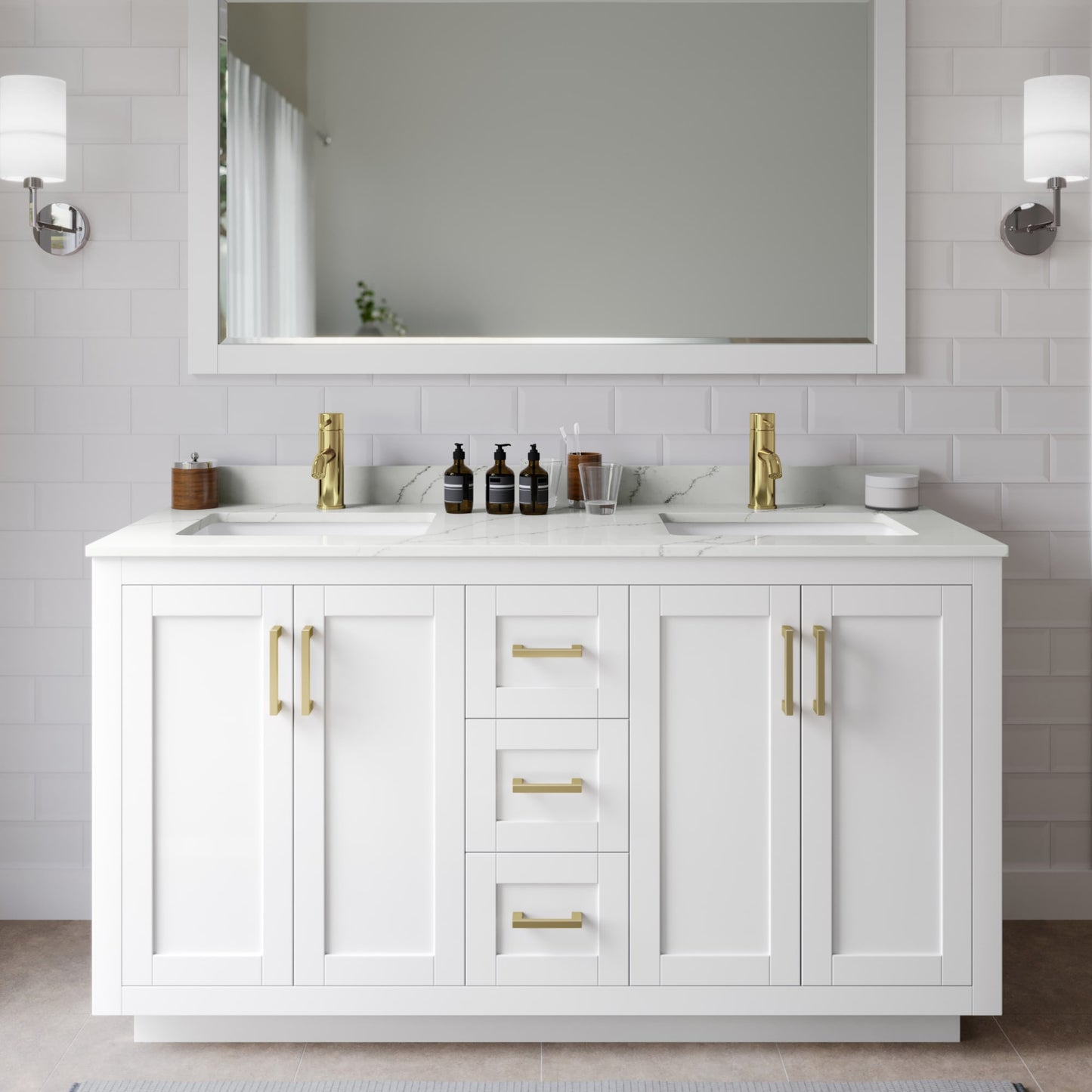 Miranda Bathroom Vanity with Countertop 60 inch Double Sink Single hole Faucet Setup