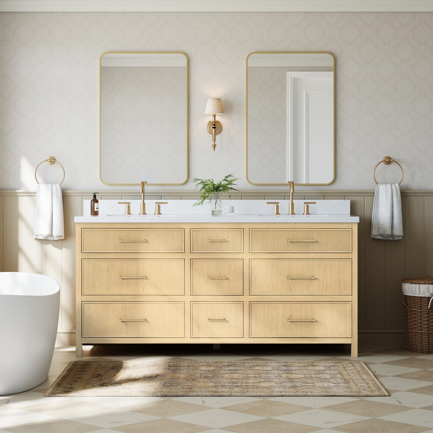 Isola Bathroom Vanity with Countertop 72 inch Double Sink 3-hole Faucet Setup
