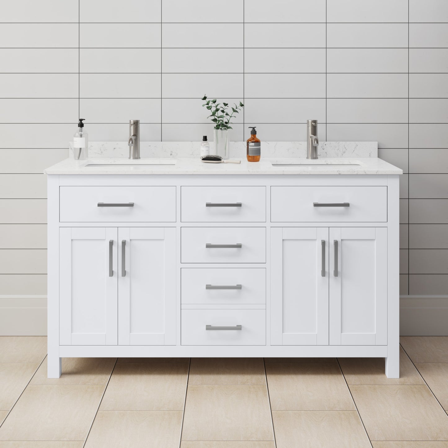 Beckett Bathroom Vanity with Countertop 60 inch Double Sink Single hole Faucet Setup