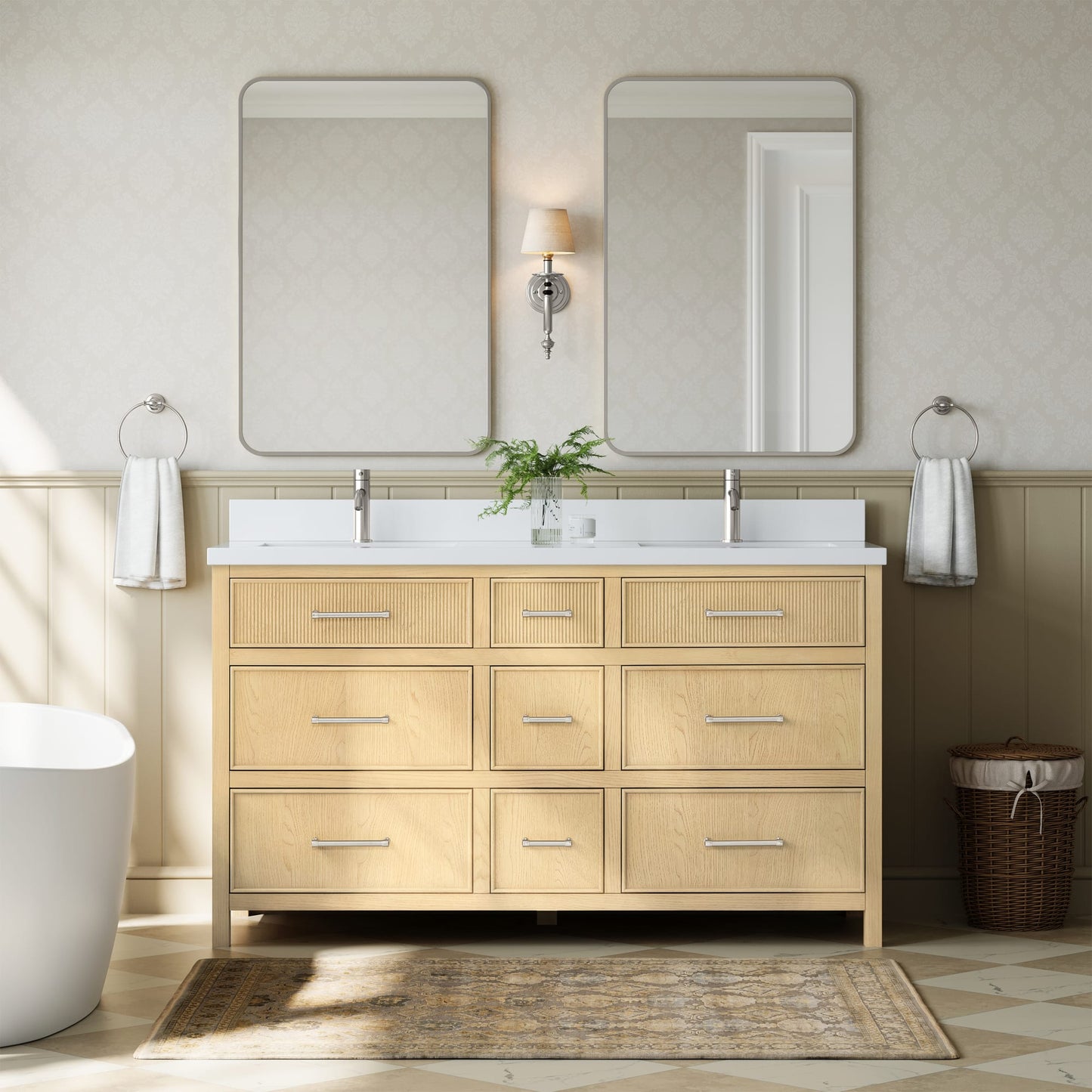 Isola Bathroom Vanity with Countertop 60 inch Double Sink Single hole Faucet Setup