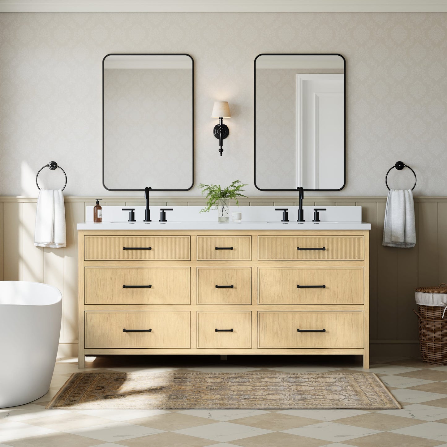 Isola Bathroom Vanity with Countertop 72 inch Double Sink 3-hole Faucet Setup