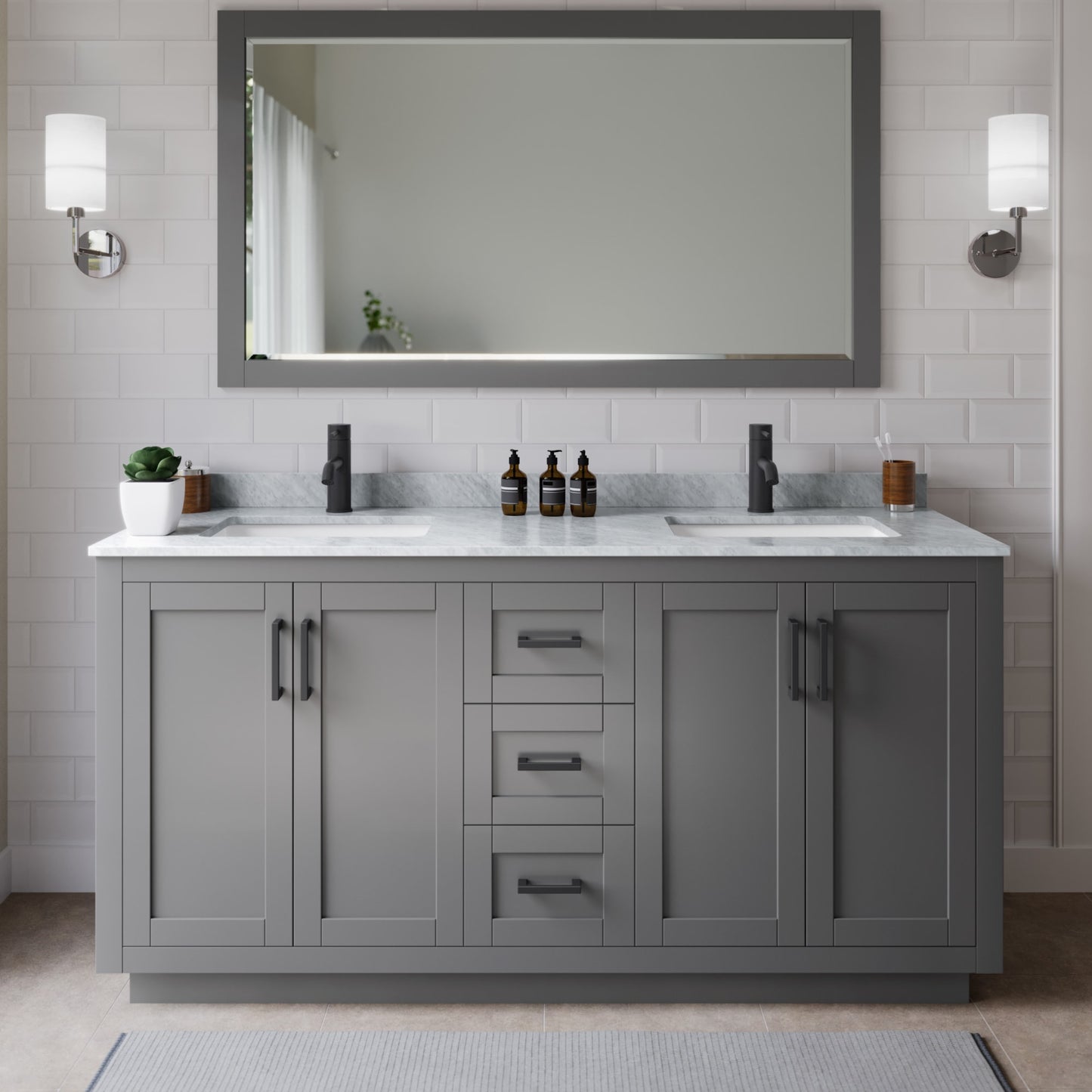 Miranda Bathroom Vanity with Countertop 66 inch Double Sink Single hole Faucet Setup