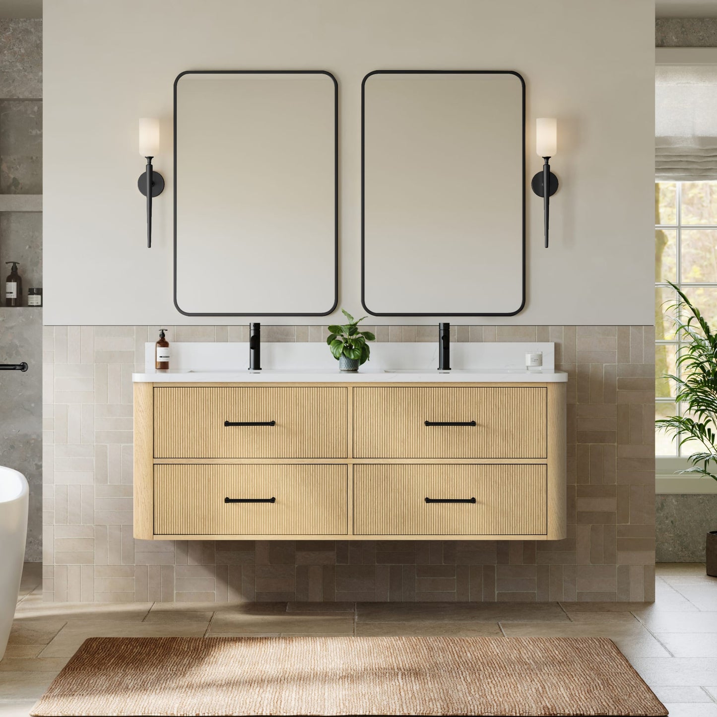 Francesca WM Wall Mounted Bathroom Vanity with Countertop 60 inch Double Sink Single hole Faucet Setup