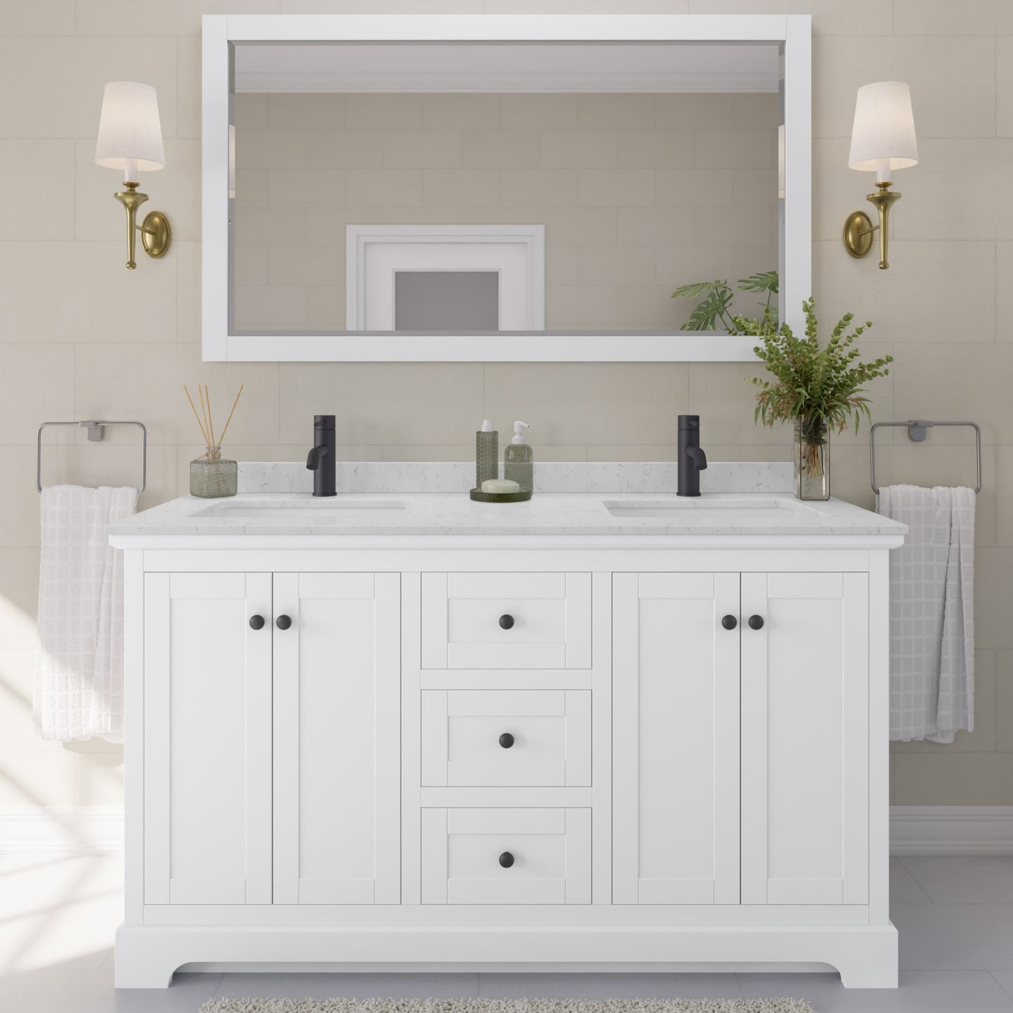 Avery Bathroom Vanity with Countertop 60 inch Double Sink Single hole Faucet Setup