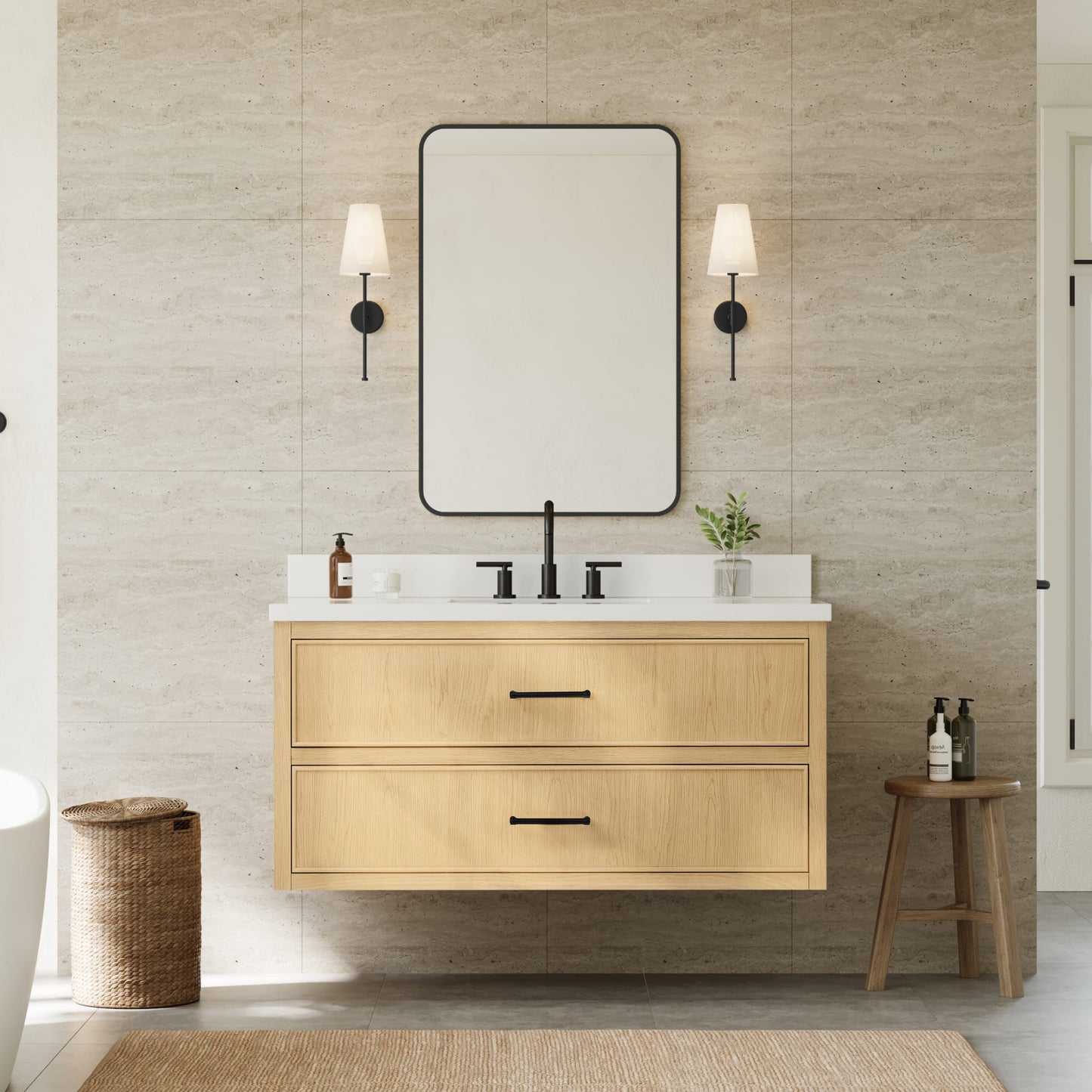 Isola WM Wall Mounted Bathroom Vanity with Countertop 48 inch Single Sink 3-hole Faucet Setup