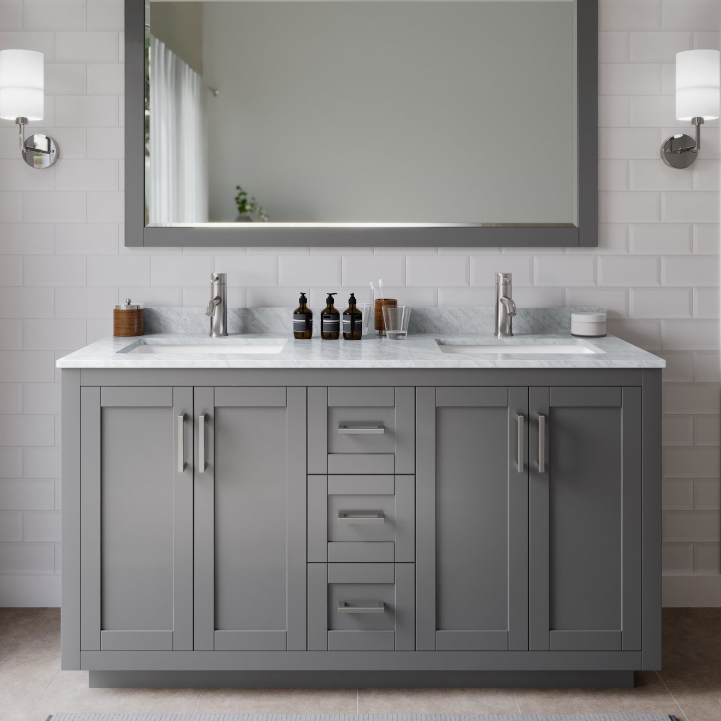 Miranda Bathroom Vanity with Countertop 60 inch Double Sink Single hole Faucet Setup