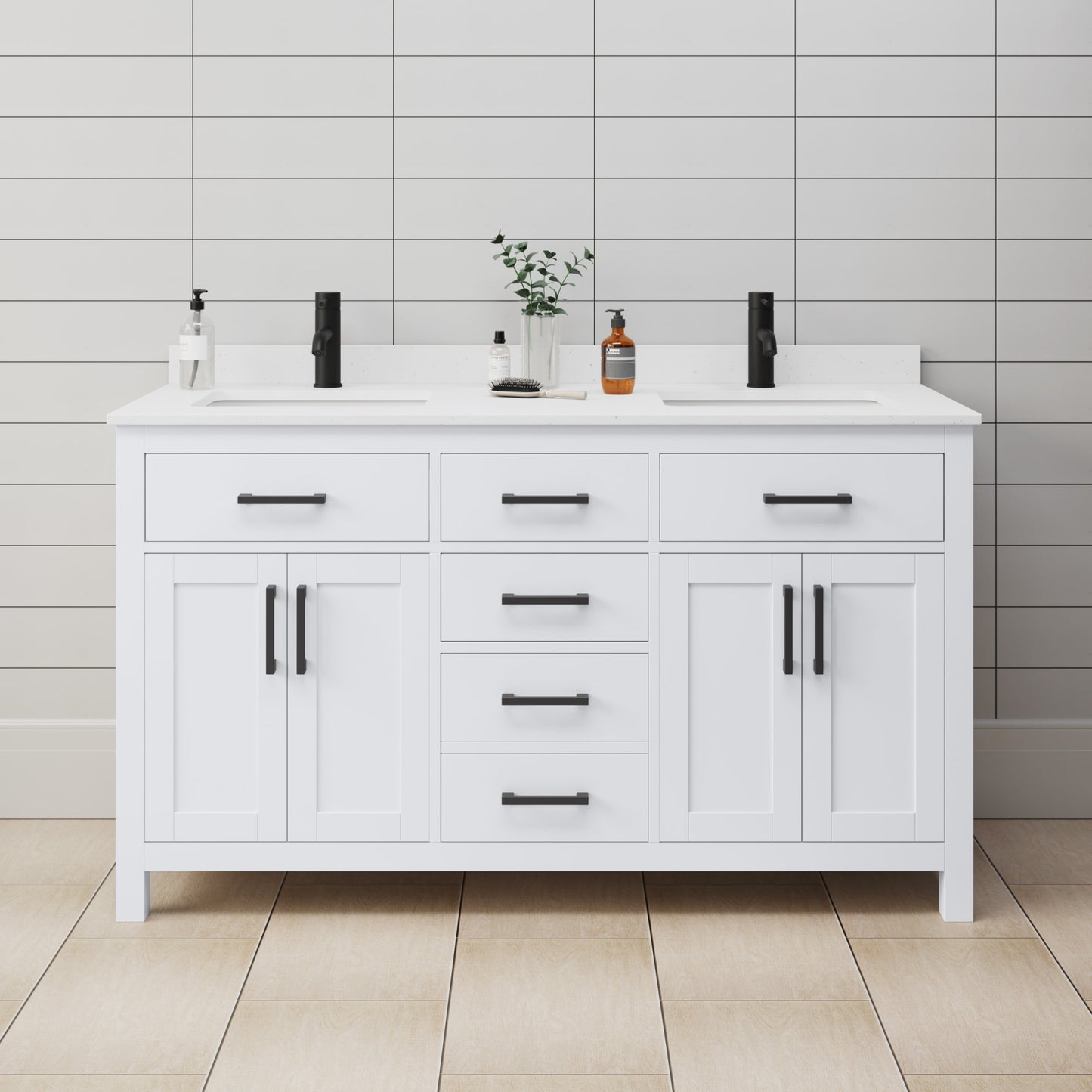 Beckett Bathroom Vanity with Countertop 60 inch Double Sink Single hole Faucet Setup