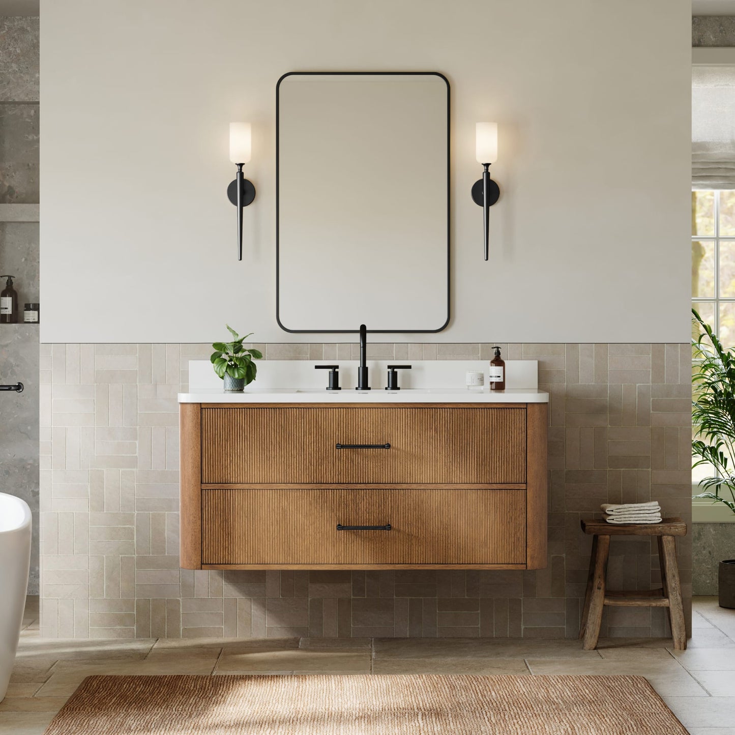 Francesca WM Wall Mounted Bathroom Vanity with Countertop 48 inch Single Sink 3-hole Faucet Setup