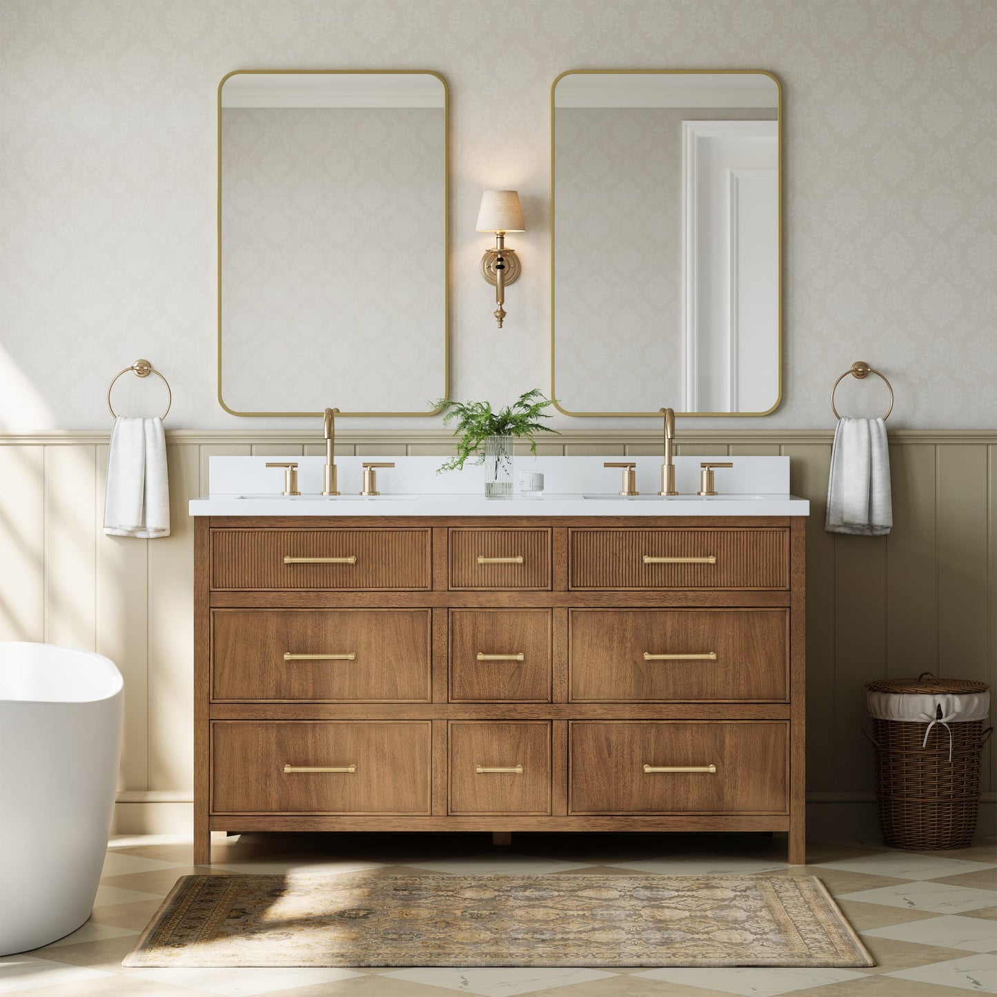 Isola Bathroom Vanity with Countertop 60 inch Double Sink 3-hole Faucet Setup