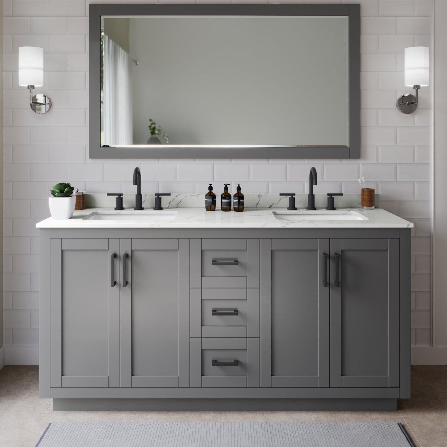 Miranda Bathroom Vanity with Countertop 66 inch Double Sink 3-hole Faucet Setup