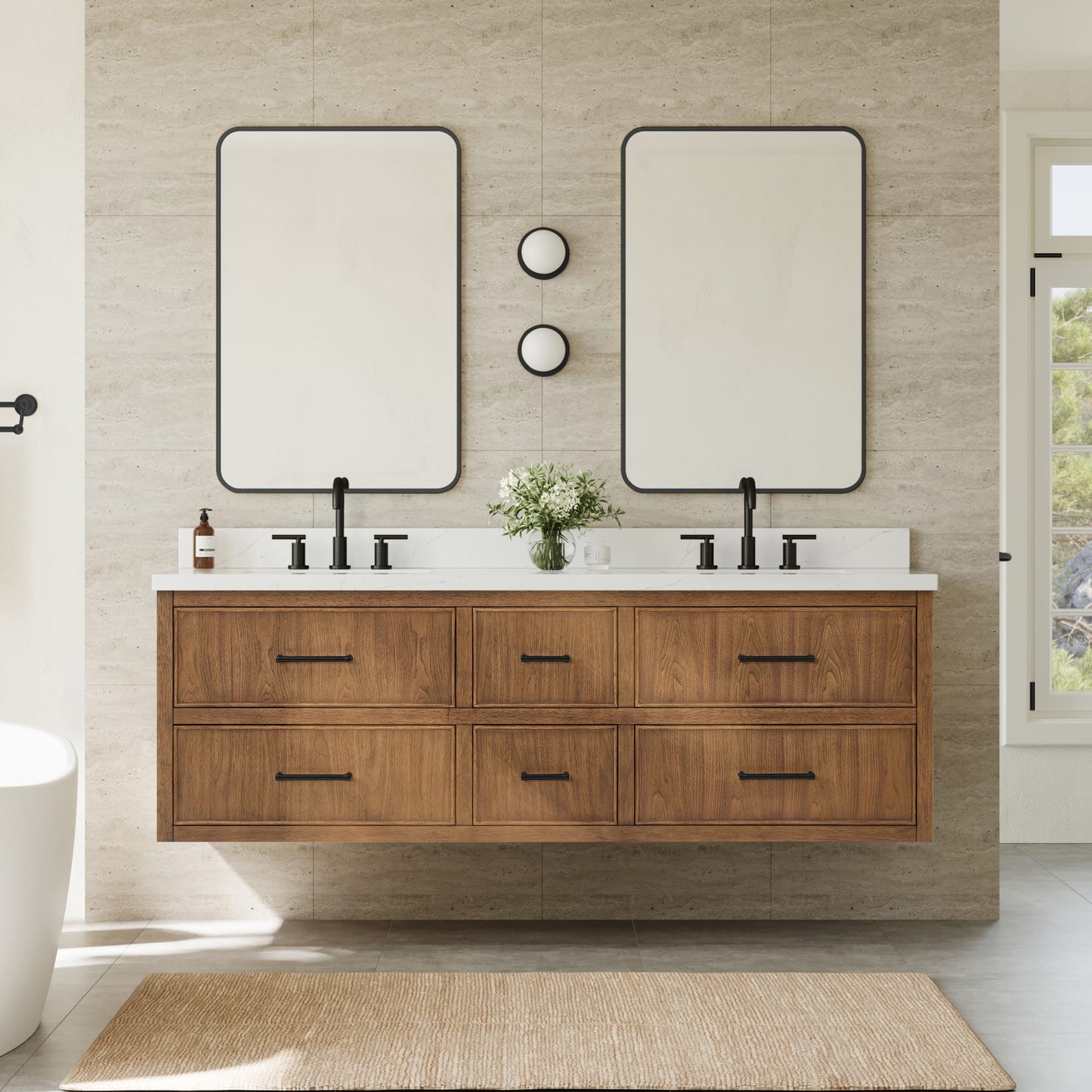 Isola WM Wall Mounted Bathroom Vanity with Countertop 72 inch Double Sink 3-hole Faucet Setup