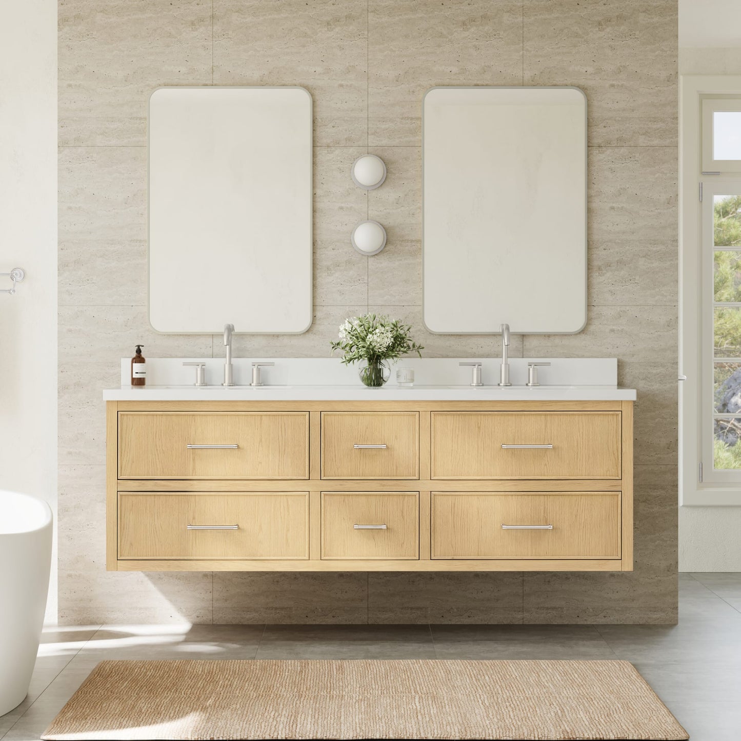 Isola WM Wall Mounted Bathroom Vanity with Countertop 72 inch Double Sink 3-hole Faucet Setup