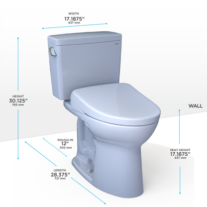Drake WASHLET+ Two-Piece Elongated 1.28 GPF Universal Height TORNADO FLUSH Toilet with S7A Contemporary Bidet Seat