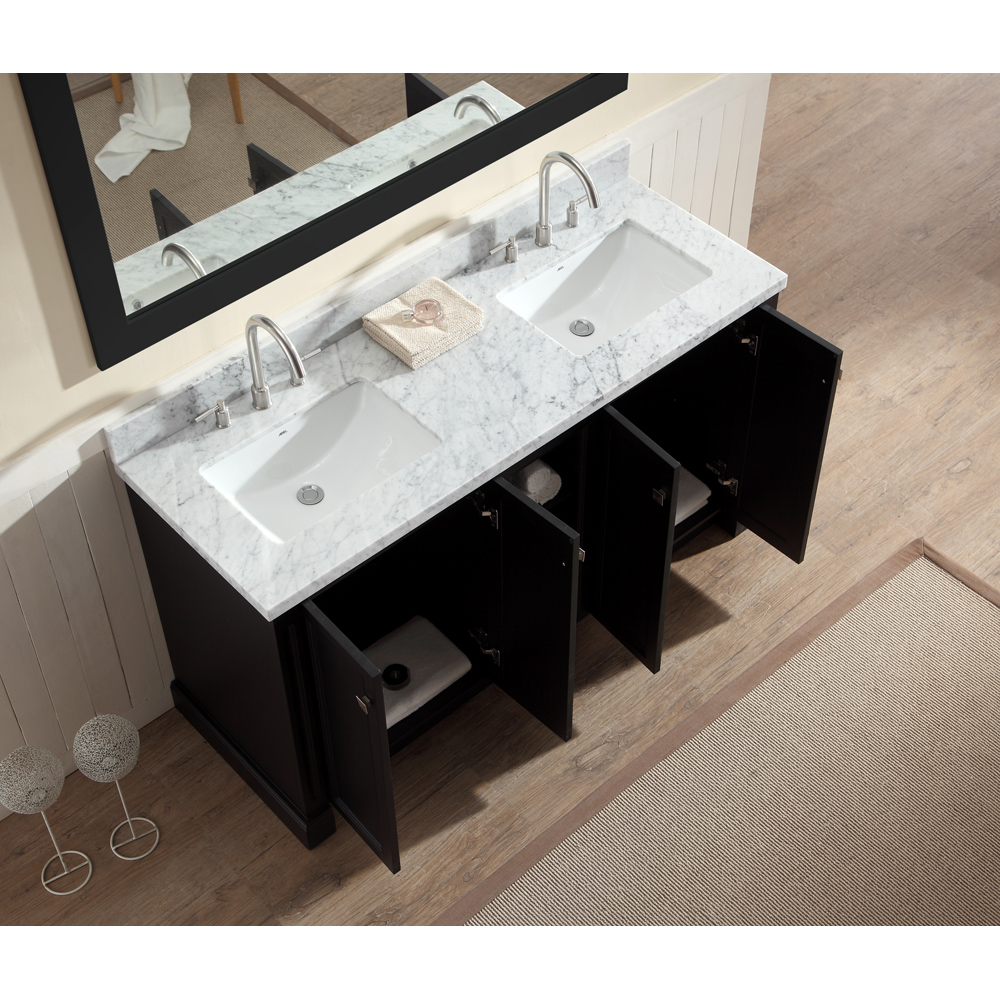 ariel westwood 61" double sink vanity set with carrera white marble countertop - black