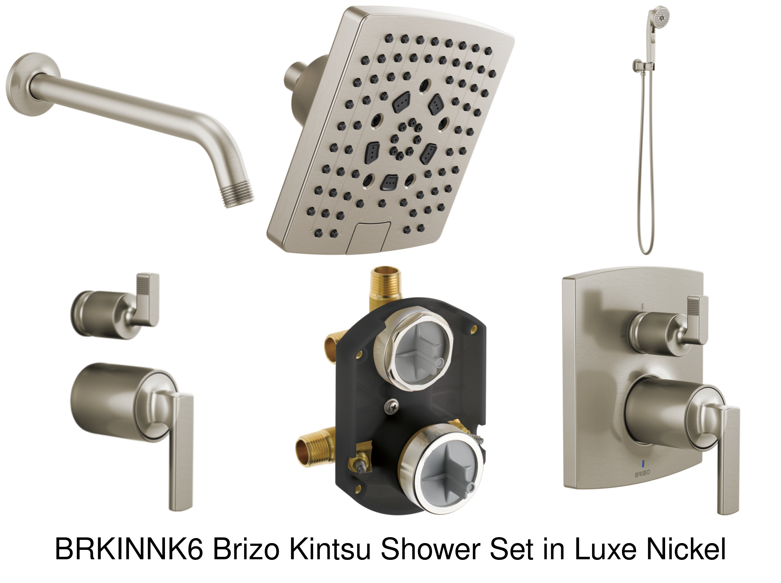 brizo kintsu shower set with 7" wall mounted multi-function showerhead, handheld and diverter trim in luxe nickel