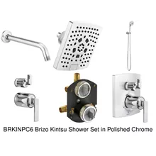brizo kintsu shower set with 7" wall mounted multi-function showerhead, handheld and diverter trim in polished chrome
