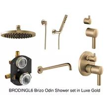 brizo odin shower set with 8" showerhead and handheld in luxe gold