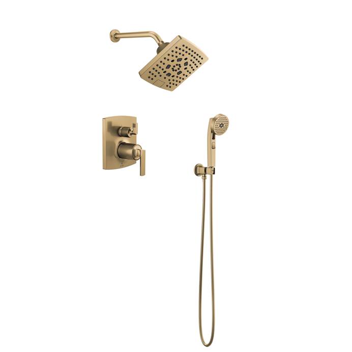 Brizo Kintsu Shower Set with 7" Wall Mounted Multi-Function Showerhead, Handheld and Diverter Trim in Luxe Gold BRKINGL6