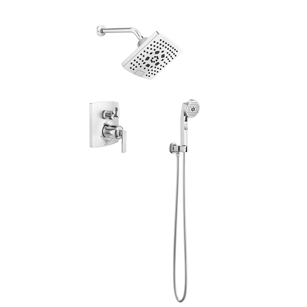 brizo kintsu shower set with 7" wall mounted multi-function showerhead, handheld and diverter trim in polished chrome