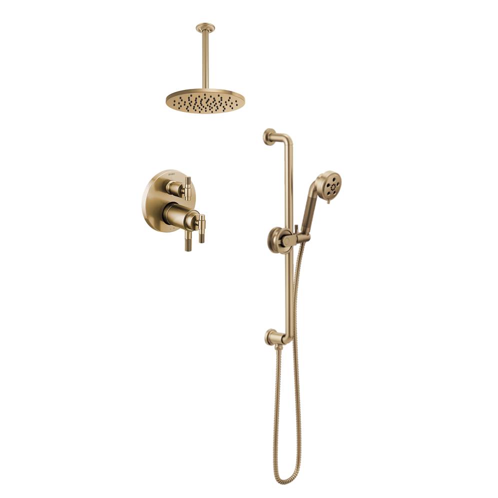 Brizo Litze Shower Set with 4-Function Wall Mounted Showerhead, 12"" Ceiling mounted showerhead and handheld in Luxe Gold