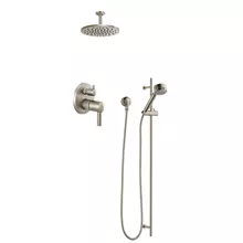 brizo odin shower set with ceiling mount showerhead and handheld on adjustable bar in brushed nickel