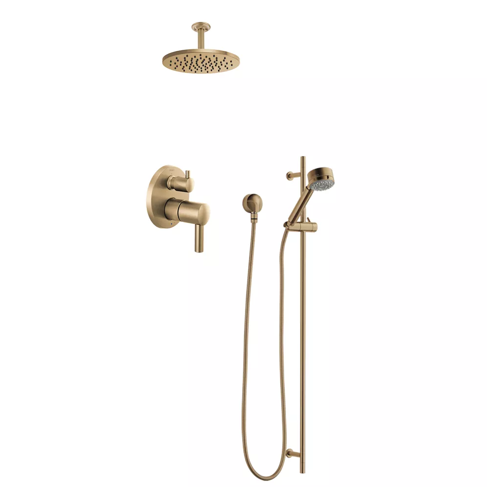 brizo odin shower set with ceiling mount showerhead and handheld on adjustable bar in luxe gold