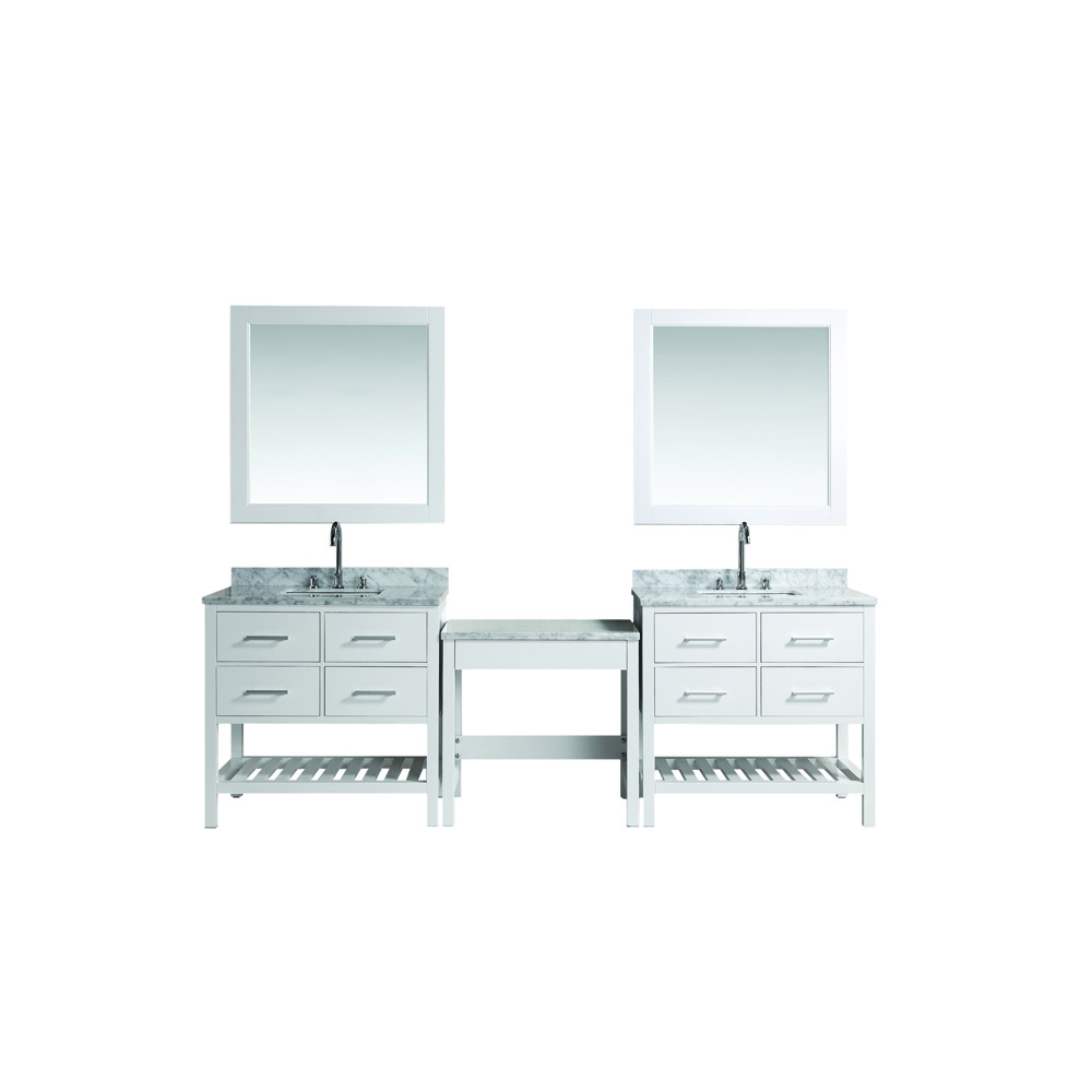 design element london two 36" vanities with open bottom and make-up table - white