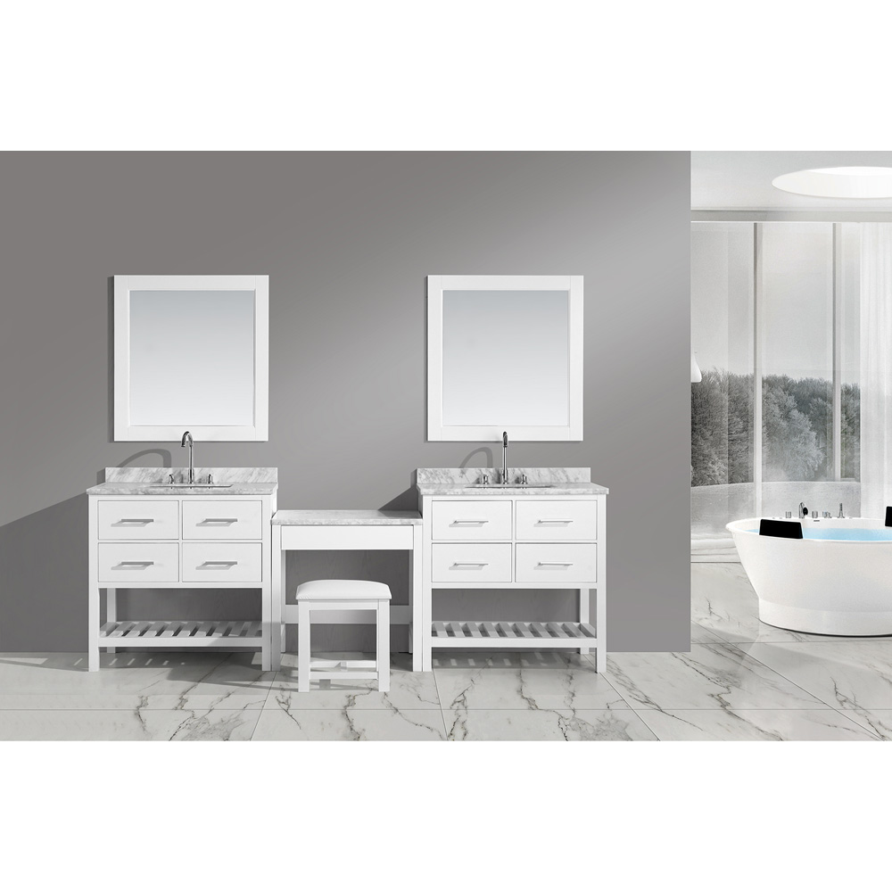 design element london two 36" vanities with open bottom and make-up table - white