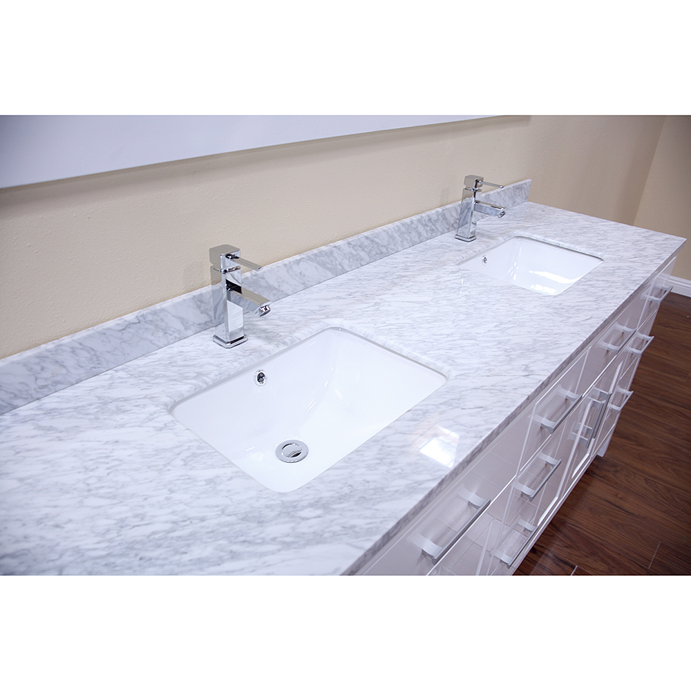 design element london 78" modern double bathroom vanity with white carrera countertop, sinks and mirror - pearl white