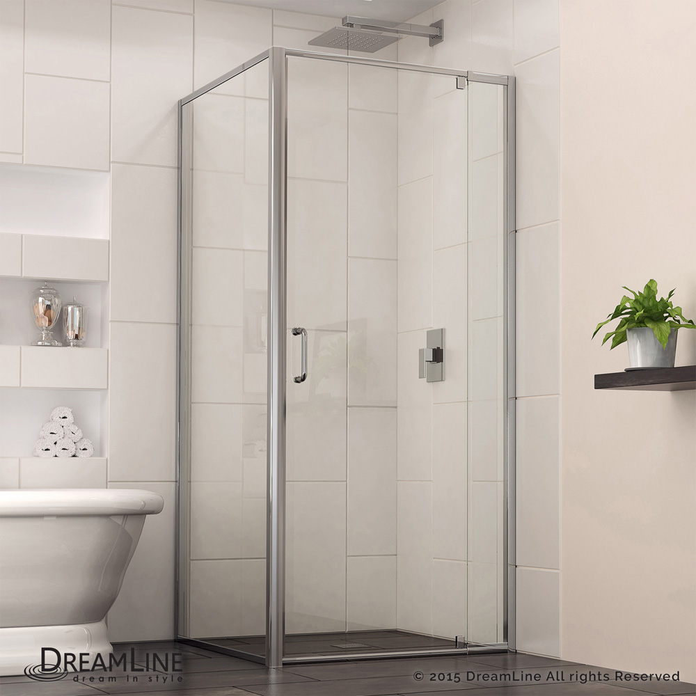 bath authority dreamline flex pivot shower door (28-7/16"-32-7/16") with return panel, chrome finish hardware