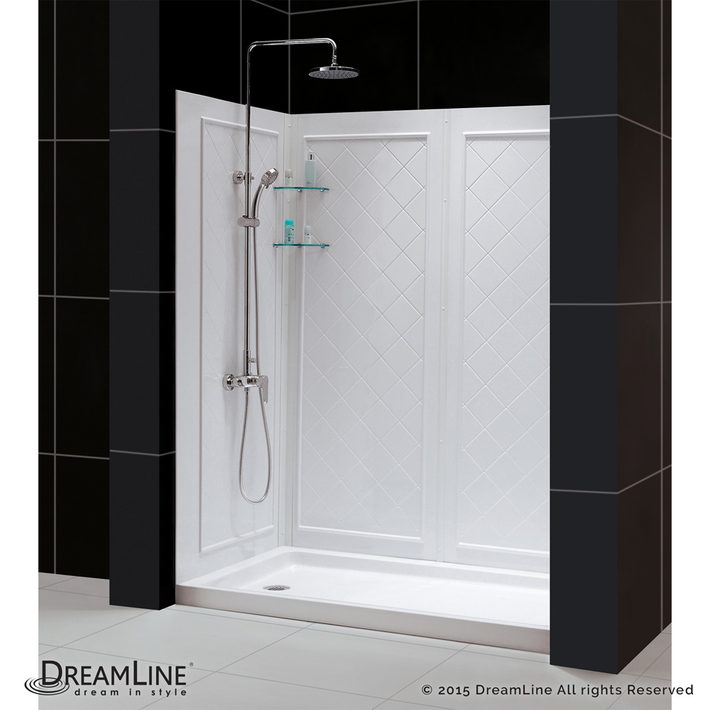 bath authority dreamline infinity-z frameless sliding shower door, single threshold shower base and qwall-5 shower backwalls kit (30" by 60")