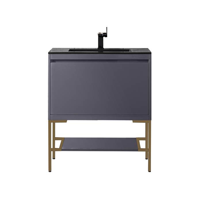James Martin Milan 31.5" Single Vanity Cabinet, Modern Grey Glossy, Radiant Gold 801V31.5MGGRGD