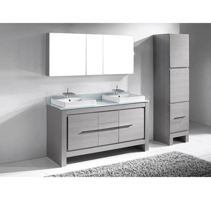 Madeli Vicenza 60" Double Bathroom Vanity for Glass Counter and Porcelain Basins - Ash Grey B999-60CD-001-AG-GLASS