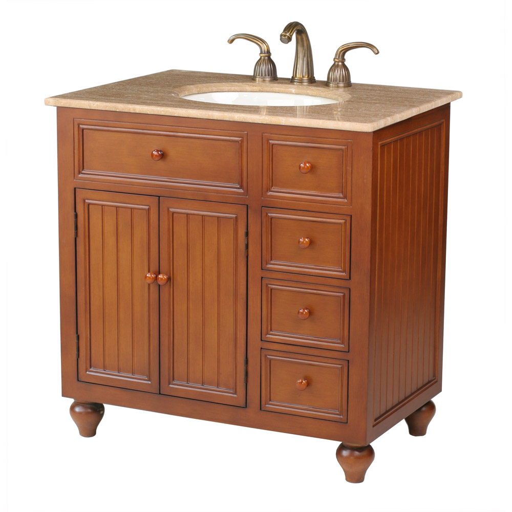 stufurhome 36" mary single sink vanity with travertine marble top - rich brown