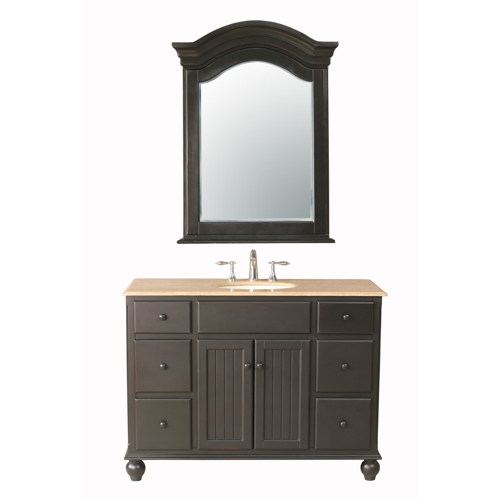 stufurhome 48" alvina single sink vanity with travertine marble top and mirror - dark brown