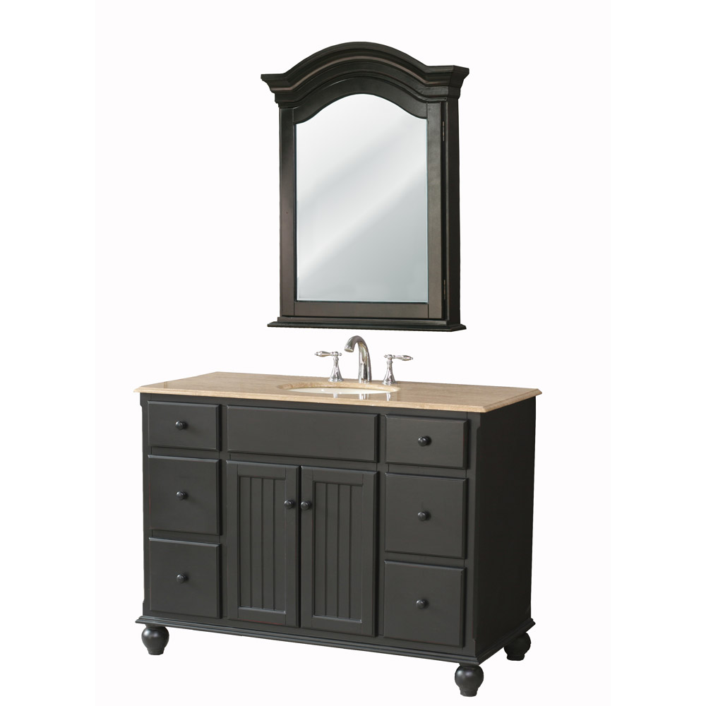 stufurhome 48" alvina single sink vanity with travertine marble top and mirror - dark brown
