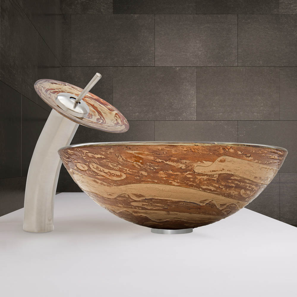 vigo mocha swirl glass vessel sink and waterfall faucet set