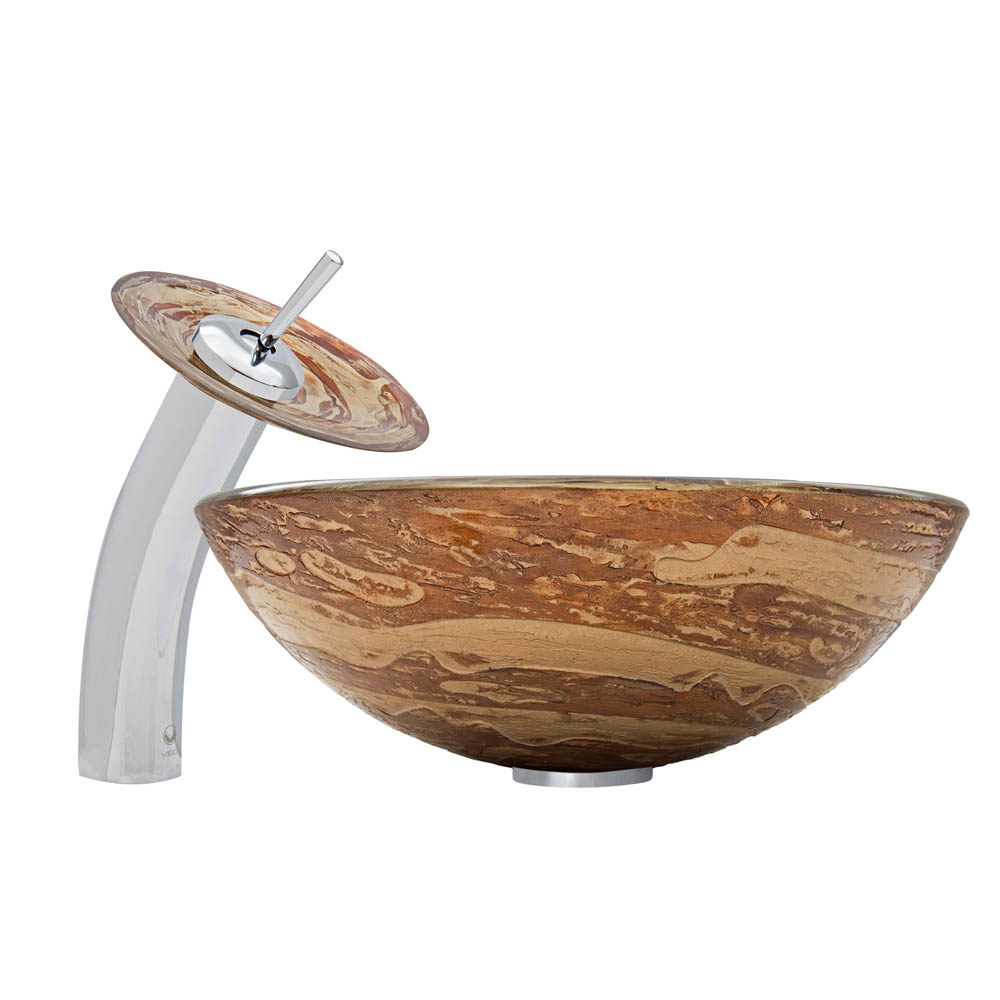 vigo mocha swirl glass vessel sink and waterfall faucet set