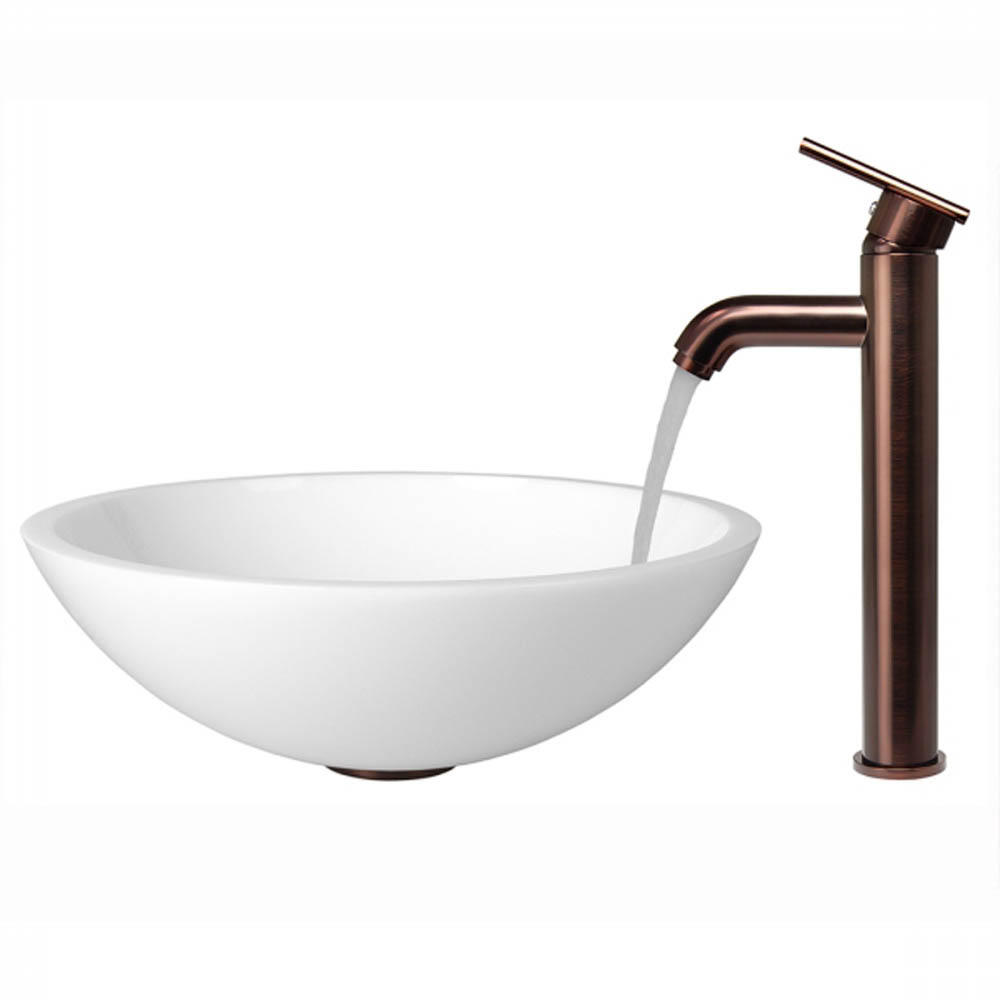 vigo flat edged white phoenix stone glass vessel sink with oil rubbed bronze faucet