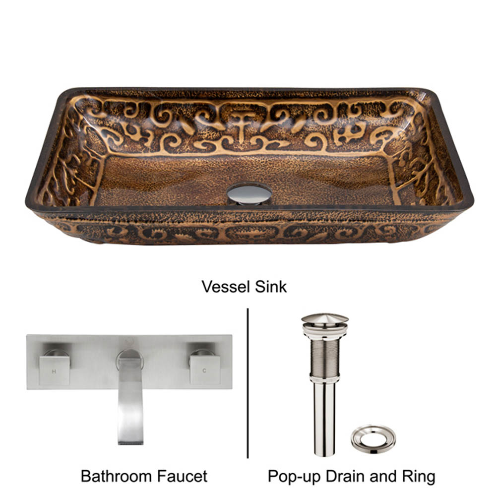 vigo rectangular golden greek glass vessel sink and wall mount faucet set